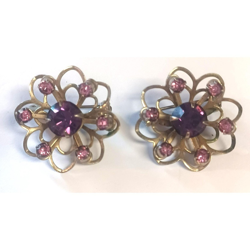 Vintage Purple Rhinestone Flower Brooch Pin Set of 2 Gold Tone Openwork Floral